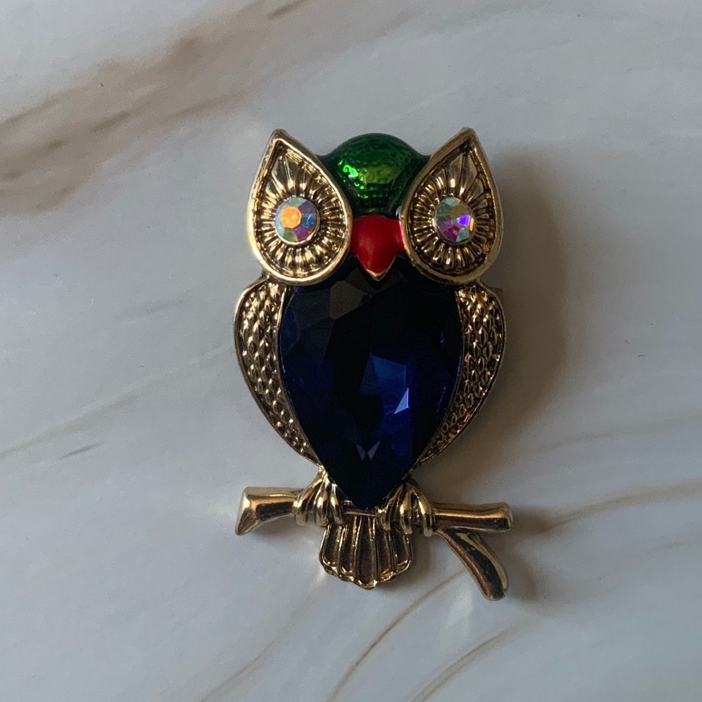 Vintage Gold Tone Owl Brooch Blue Rhinestone Crystal Enamel Bird Pin Branch